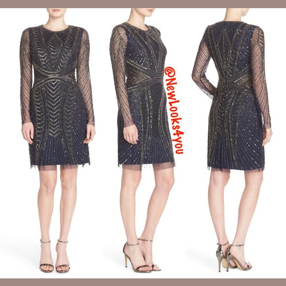 NEW $329 Adrianna Papell Beaded Long Sleeve Mesh Sheath Dress Navy [SZ 4‎ ] - Picture 1 of 10